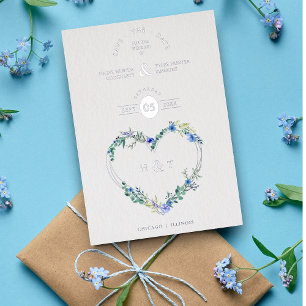 Invitación Con Relieve Metalizado Luxury Romantic Botanical Floral Blue Shades Heart