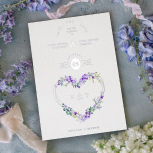 Invitación Con Relieve Metalizado Luxury Romantic Botanical Floral Lavender Heart