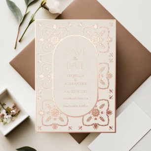 Invitación Con Relieve Metalizado Luxury Rose Gold Mediterráneo Azulejo Salva la Fec