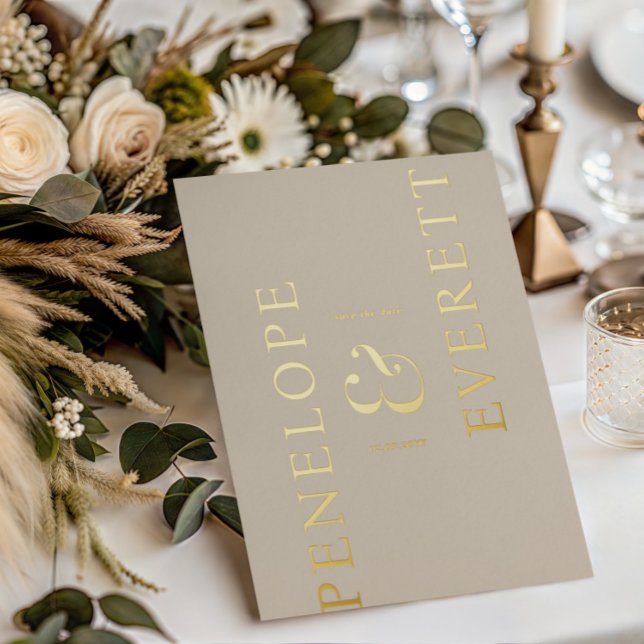 Invitación Con Relieve Metalizado Luxury Save the Date | Modern Vertical Name (Subido por el creador)