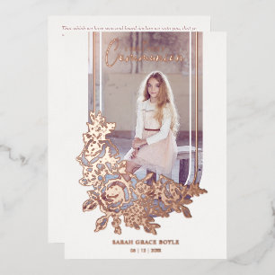 Invitación Con Relieve Metalizado Luxury Trendy Floral My First Holy Communion Photo