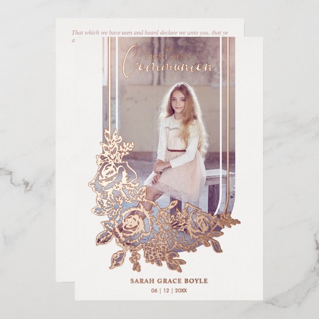 Invitación Con Relieve Metalizado Luxury Trendy Floral My First Holy Communion Photo (Anverso/Reverso)