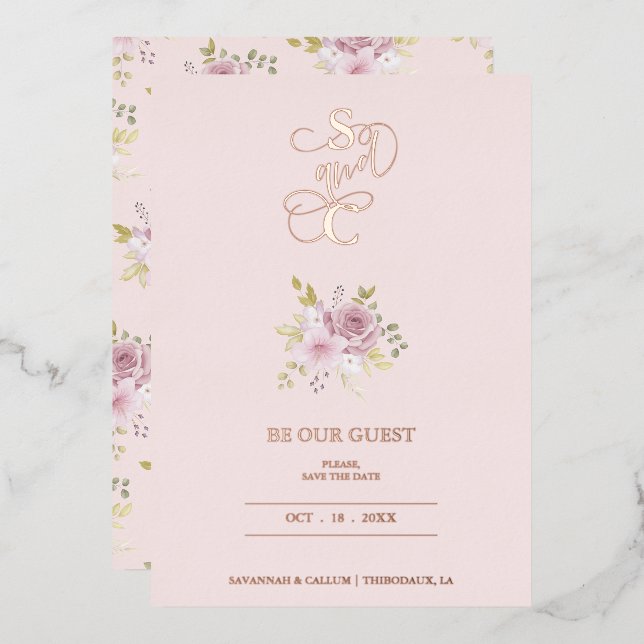 Invitación Con Relieve Metalizado Luxury Wedding Spring Floral Pink Bouquet (Anverso/Reverso)