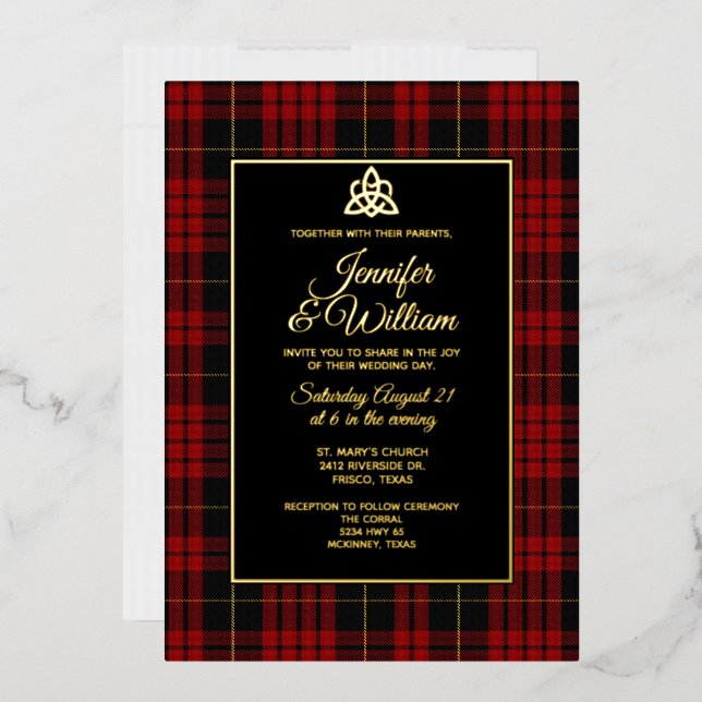 Invitación Con Relieve Metalizado MacQueen Clan Tartan Plaid Boda (Sobre)