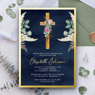 Invitación Con Relieve Metalizado Madera Cruz Boho Pampas Eucalipto Azul Marino Baut
