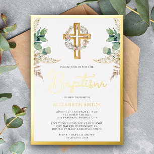 Invitación Con Relieve Metalizado Madera Cruz Boho Pampas Eucalipto Bautizo Dorado