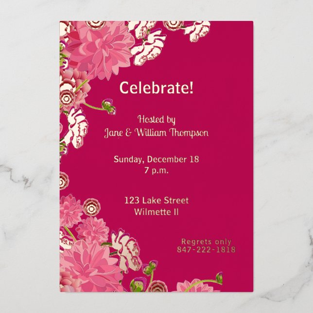 Invitación Con Relieve Metalizado Magenta floral Gilded (Anverso)