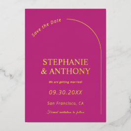 Invitación Con Relieve Metalizado Magenta minimalista moderna con boda de arco    