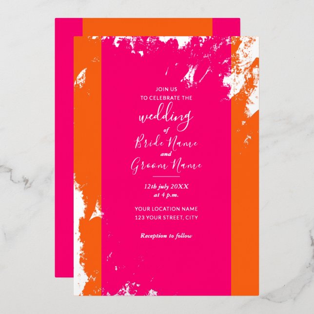 Invitación Con Relieve Metalizado Magenta Naranja Rosa Grain Elegante (Anverso/Reverso)