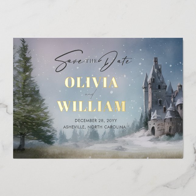 Invitación Con Relieve Metalizado Magical Castle Fairytale Wedding Save The Date (Anverso)