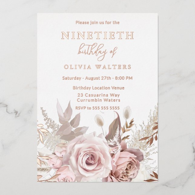 Invitación Con Relieve Metalizado Magical Rubor & Rosa Floral 90 cumpleaños (Anverso)