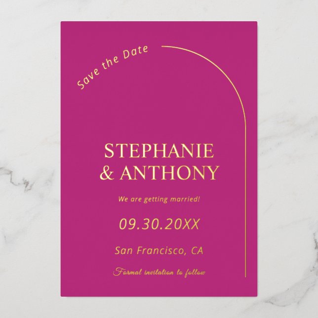 Invitación Con Relieve Metalizado Mágico Minimalista Moderno Magenta con Boda de Arc (Anverso)