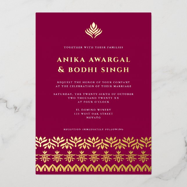 Invitación Con Relieve Metalizado Magnífico Boda de Frontera Ornate Indio REAL (Anverso)