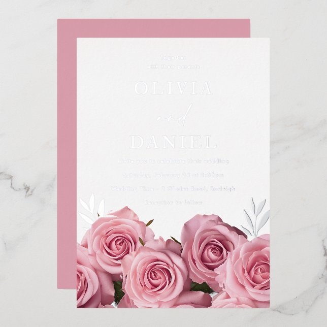 Invitación Con Relieve Metalizado Magnífico Boda de rosas rosadas Rubor Silver (Anverso/Reverso)