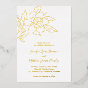 Invitación Con Relieve Metalizado Magnolia Boda floral simple elegante oro