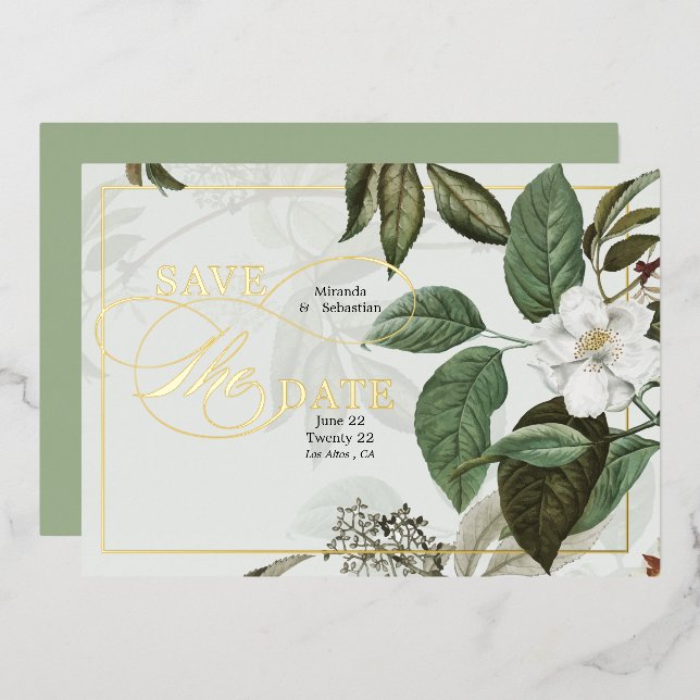 Invitación Con Relieve Metalizado Magnolia elegante salva la fecha (Anverso/Reverso)