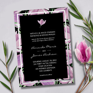 Invitación Con Relieve Metalizado Magnolias púrpuras elegantes en plata de boda negr