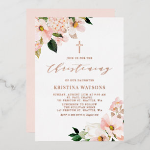 Invitación Con Relieve Metalizado Magnolias Rosa Rosado Oro de Rosa Bautizo