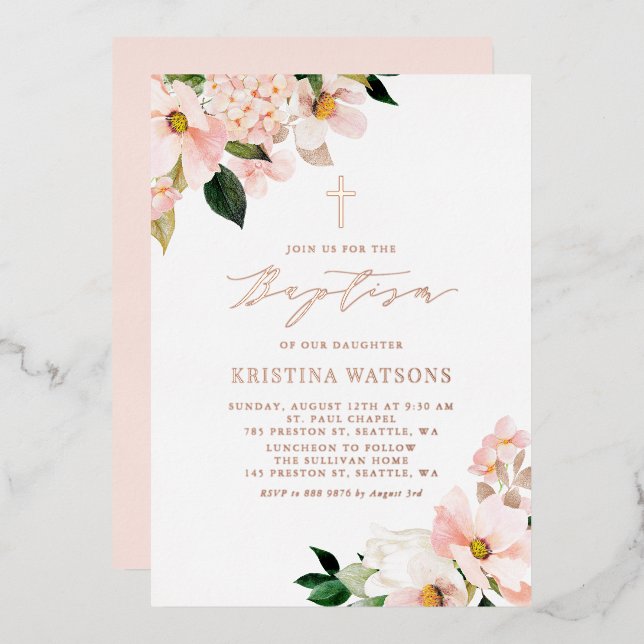 Invitación Con Relieve Metalizado Magnolias rosadas Rubor Hydrangeas Rosa Bautismo d (Anverso/Reverso)