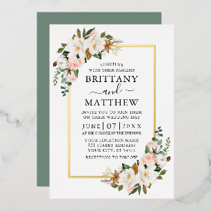 Invitación Con Relieve Metalizado Magnolias Rosas Bodas Aquarela Verde Salvia Oro