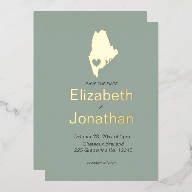 Invitación Con Relieve Metalizado Maine State Destination Wedding Gold (Anverso/Reverso)