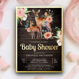 Invitación Con Relieve Metalizado Mamá Bebé Floral Ciervo Madera Baby Shower Dorado