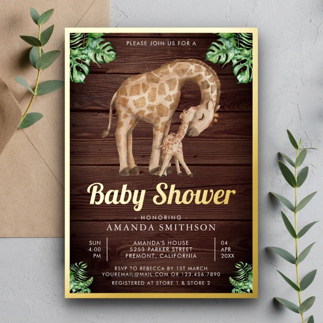 Invitación Con Relieve Metalizado Mamá bebé Giraffe Safari Wood Baby Shower Gold (Subido por el creador)