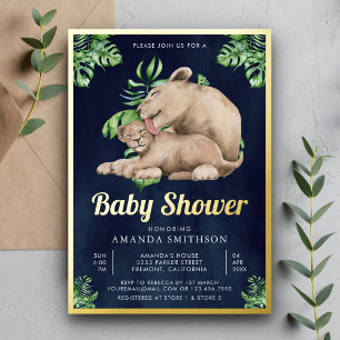 Invitación Con Relieve Metalizado Mamá bebé león cachorro jungla Baby Shower Gold