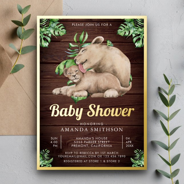Invitación Con Relieve Metalizado Mamá bebé Lion Cub Jungle Wood Baby Shower Gold (Subido por el creador)