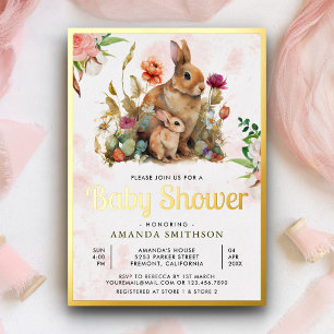 Invitación Con Relieve Metalizado Mamá y bebé floral conejo baby shower hoja de oro