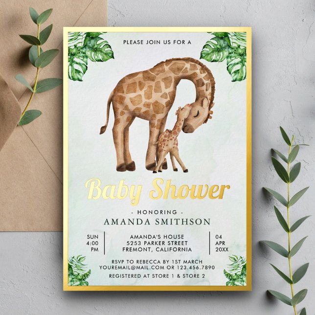 Invitación Con Relieve Metalizado Mamá y bebé Giraffe Safari Baby Shower Gold (Subido por el creador)