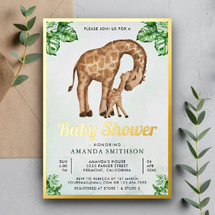 Invitación Con Relieve Metalizado Mamá y bebé jirafa Safari Baby Shower Dorado