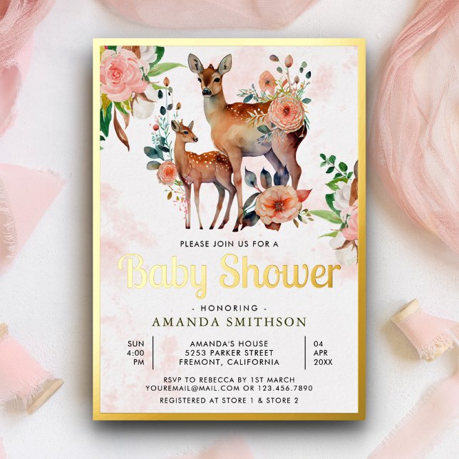 Invitación Con Relieve Metalizado Mami and Baby Floral Deer Baby Shower Gold (Subido por el creador)