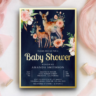 Invitación Con Relieve Metalizado Mami Baby Floral Deer Navy Blue Baby Shower Gold