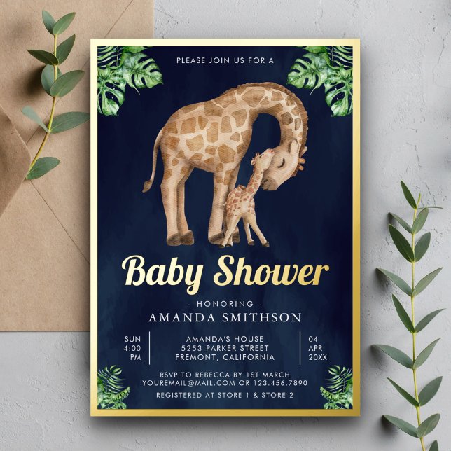 Invitación Con Relieve Metalizado Mami Baby Giraffe Safari Navy Baby Shower Gold (Subido por el creador)