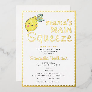 Invitación Con Relieve Metalizado Mammy's Little Squeeze Cute Lemon Baby Shower