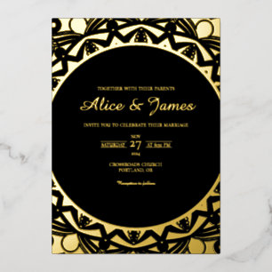 Invitación Con Relieve Metalizado Mandala Circular Elegante Boda con Hojuela de Oro 