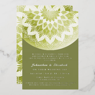 Invitación Con Relieve Metalizado Mándala de Boda con Encaje Verde