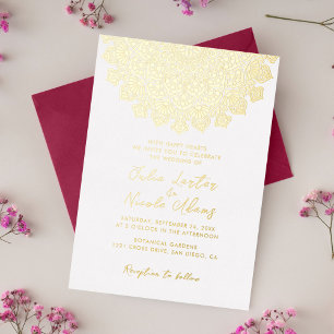 Invitación Con Relieve Metalizado Mandala de Boda Media Luna Creciente Radiante y Et