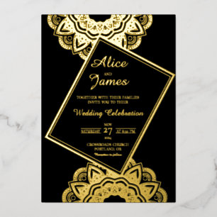 Invitación Con Relieve Metalizado Mandala de Marco Inclinado Boda de Hoja de Oro Neg