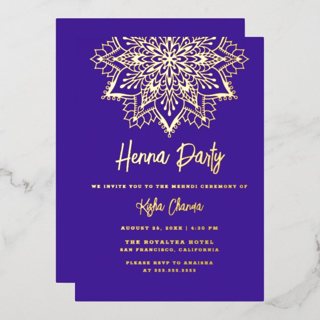 Invitación Con Relieve Metalizado Mandala de oro púrpura Fiesta de Mehndi de oro rea (Anverso/Reverso)