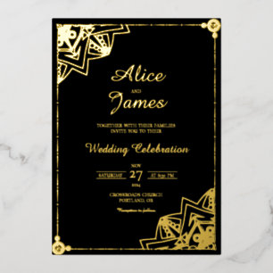 Invitación Con Relieve Metalizado Mandala Diagonal Elegante Boda de Hoja de Oro Negr