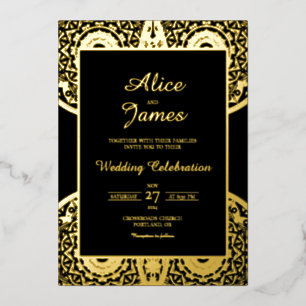 Invitación Con Relieve Metalizado Mandala Elegante Sin Costuras Bodas con Hojuela de
