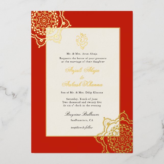 Invitación Con Relieve Metalizado Mandala elegante y boda indio Ganesh (Anverso)