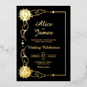 Invitación Con Relieve Metalizado Mandala Floral Elegante Boda con Hojuela de Oro Ne