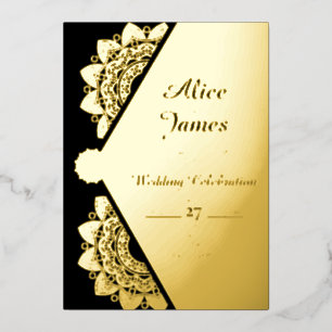 Invitación Con Relieve Metalizado Mandala geométrico elegante boda de oro negro lámi