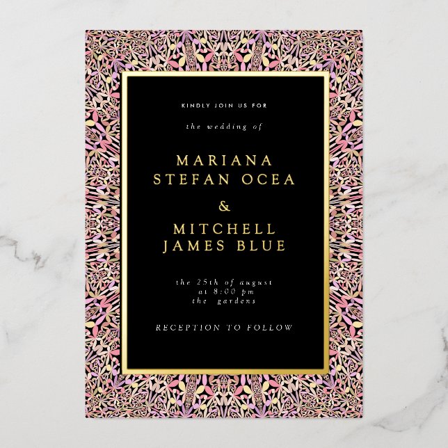 Invitación Con Relieve Metalizado Mandalá geométrico romántico rosa suave negro (Anverso)