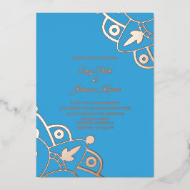 Invitación Con Relieve Metalizado Mandalá Indio Moderno Azul Prensado para Boda  