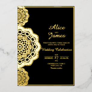 Invitación Con Relieve Metalizado Mandala Marco Lateral Elegante Boda de Oro y Negro