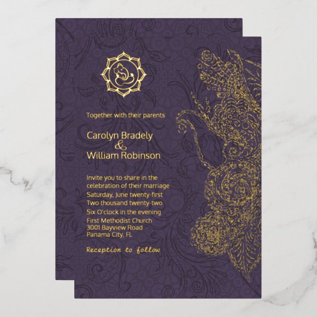 Invitación Con Relieve Metalizado Mandala y Relieve metalizado Boda de Plum and Gold (Anverso/Reverso)